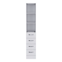 Linen Cabinet 68" H, Three Shelves, Four Drawers and Metal handles, White