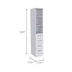 Linen Cabinet 68" H, Three Shelves, Four Drawers and Metal handles, White