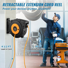 Retractable Extension Reel, Heavy Duty 12AWG/3C SJTOW Power Cord 45 FT 12AWG, Black