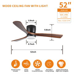 52 inch Black Wood Ceiling Fans with Lights and Remote, Modern Flush Mount Low Profile Ceiling Fan with Light, 6 Speed, Reversible DC Motor, for Bedroom/Outdoor/Farmhouse/Patios
