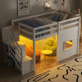 Twin Size Loft Bed with Storage Staircase and Window, With LED Light, White