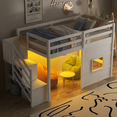 Twin Size Loft Bed with Storage Staircase and Window, With LED Light, White