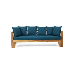 Outdoor Extendable Acacia Wood 3 Seater Sofa, Upholstered Cushion Couch, Daybed Sofa Chair, Spacious Seating Lounge Chair, Patio Daybed Sofa for Garden Yard