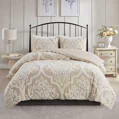 King/Cal King 3 piece Tufted Cotton Chenille Damask Duvet Cover Set