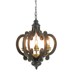 French Country Wood Chandelier, 6-Light Farmhouse Pendant Light Fixture with 28" Adjustable Chain for Kitchen Foyer Hallway, Bulb Not Included