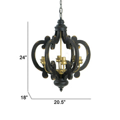 Aki 21 Inch Carved Wood Chandelier, 6 Lights, Vintage Classic, Black, Gold