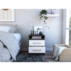 Nightstand 20"H, Two Drawers, Superior Top, Metal Handles, Smokey Oak / White