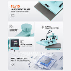 Heat Press Machine 15x15 in 8 in 1 with 30oz Tumbler Press T-Shirts Green