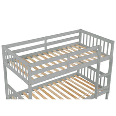 Twin Over Twin Rubber Wood Bunk Bed with Trundle, Convertible into Twin Size Beds, Twin Size Bunk Bed with Ladder and Safety Guardrails,Grey