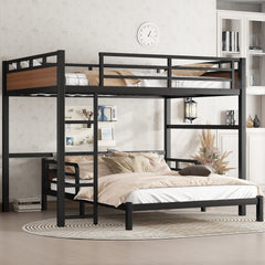 Queen over Queen Metal Bunk Bed/Metal Loft Bed,Separable Bunk Beds,with raised security fence,Walnut Color
