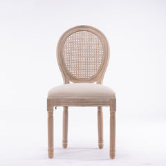 French Style Solid Wood Frame Linen Fabric Rattan Back Dining Chair,Set of 2, Beige