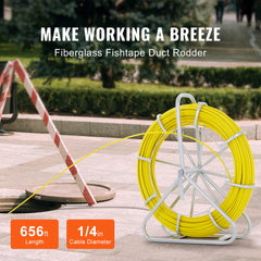 Fish Tape Fiberglass, 656 ft, 1/4 inch, Duct Rodder Fishtape Wire Puller, Cable Running Rod with Steel Reel Stand, 3 Pulling Heads, Fishing Tools for Walls and Electrical Conduit, Non-Conductive
