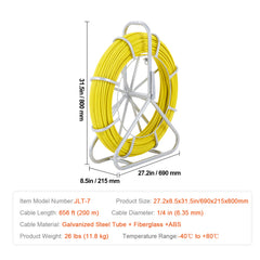 Fish Tape Fiberglass, 656 ft, 1/4 inch, Duct Rodder Fishtape Wire Puller, Cable Running Rod with Steel Reel Stand, 3 Pulling Heads, Fishing Tools for Walls and Electrical Conduit, Non-Conductive