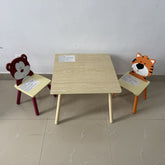 Kids Table and 2 Chairs Set, 3 Pieces Toddler Table and Chair Set, Wooden Activity Play Table Set (Bear&Tiger)