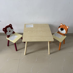 Kids Table and 2 Chairs Set, 3 Pieces Toddler Table and Chair Set, Wooden Activity Play Table Set (Bear&Tiger)