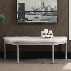 Coastal Button Tufted Light Beige Upholstered Bench with Weathered Gray Legs