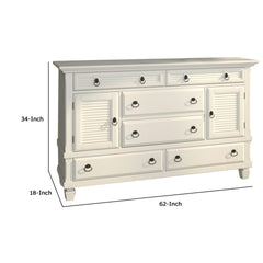 Pine Wood Dresser with 2 Cabinet & 6 Drawer in White