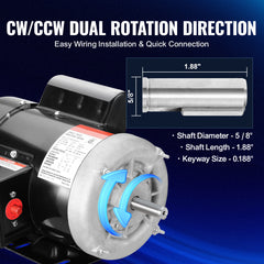 0.75HP Electric Motor 1725rpm, AC 115V/230V, 56 Frame, Air Compressor Motor Single Phase, 5/8" Keyed Shaft, CW/CCW Rotation for Agricultural Machinery and General Equipment