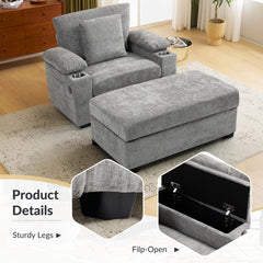 Ergonomic Oversized Chair with Ottoman - Firm Support Chenille Sofa, Accent Chair with Cupholders & USB Charging, Lumbar Support for Back Pain Relief, Living Room & Office