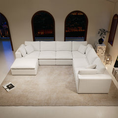 137.8*108.3"Modular sectional sofa seat,Upholstered compressed couch for living room,Bedroom,Apartment,No assembly required,7PC free combination,Plush corduroy fabric,WHITE