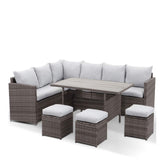 7 Piece Wicker Outdoor Dining Set, 9-Seat Outdoor Sectional Gray Cushions Sofa with Ottomans & Dining Table for Porch Backyard Garden