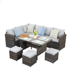 7 Piece Wicker Outdoor Dining Set, 9-Seat Outdoor Sectional Gray Cushions Sofa with Ottomans & Dining Table for Porch Backyard Garden