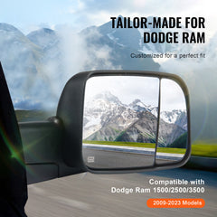 Towing Mirrors Fit for 2009-2018 Dodge Ram 1500, 2010-2018 Ram 2500 3500, Ram Classic 2019-2023 Power Heated with Signal Light & Puddle Light, Manual Controlling Flipping Folding, Black