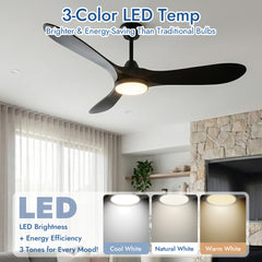 Roomratv Ceiling Fans with Lights and Remote Control,Quiet Noiseless Reversible DC Motor,6 Speeds,Timers, 3 CCT, Indoor Use, Plastic Blades,52 Inch Black Modern Ceiling Fan for Bedroom Living Room