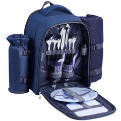 Beach Picnic Backpack Bag for 2 Person with Cooler Compartment Navy Blue