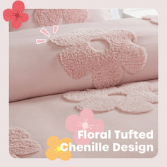 3-Piece Full/Queen Floral Reversible Tufted Chenille Duvet Cover Set,Pink