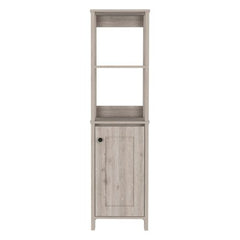Linen Single Door Cabinet 59" H, Two Interior Shelves, Two Open Shelves, Light Gray