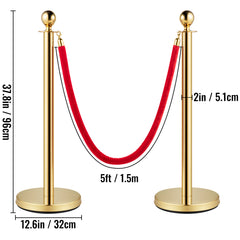 Velvet Ropes and Posts 4 Pcs, 3 Red Velvet Rope 5 ft, Stanchion Post with Ball Top, Crowd Control Barriers Gold Stanchions, Red Carpet Poles, Crowd Control Ropes and Poles for Party Supplies