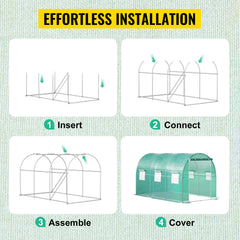 Walk-in Tunnel Greenhouse, 12 x 7 x 7 ft Portable Plant Hot House w/ Galvanized Steel Hoops, 1 Top Beam, Diagonal Poles, Zippered Door & 6 Roll-up Windows, Green