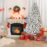 4FT Flocked Christmas Tree with 150 Colorful UL Lights and 21 Natural Pine Cones – 366 Snowy PVC Tips, Hinged Branches, Stable Metal Stand, Easy Setup