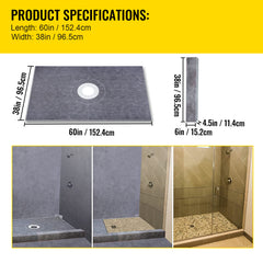 Shower Curb Kit, 38"x60" Watertight Shower Curb Overlay with 4" ABS Central Bonding Flange, 4" Stainless Steel Grate, 2 Cuttable Shower Curb and Trowel, Shower Pan Slope Sticks Fit for Bathroom