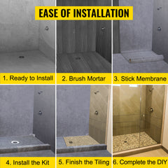 Shower Curb Kit, 38"x60" Watertight Shower Curb Overlay with 4" ABS Central Bonding Flange, 4" Stainless Steel Grate, 2 Cuttable Shower Curb and Trowel, Shower Pan Slope Sticks Fit for Bathroom