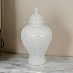 Deni 18 Inch Temple Jar, Embossed Design, Removable Lid, White Finish