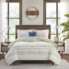 5 Piece Printed Seersucker Comforter Set with Throw Pillows Taupe/Blue King/Cal King
