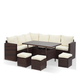 7 Piece Wicker Outdoor Dining Set, 9-Seat Outdoor Sectional Beige Cushions Sofa with Ottomans & Dining Table for Porch Backyard Garden