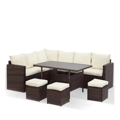 7 Piece Wicker Outdoor Dining Set, 9-Seat Outdoor Sectional Beige Cushions Sofa with Ottomans & Dining Table for Porch Backyard Garden
