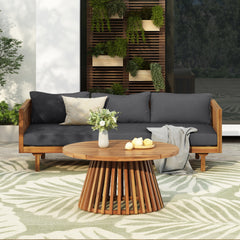 Acacia Wood Patio Furniture Set,Outdoor 3 Seater Daybed(with Water Resistant Thick Cushions)and Round Coffee Table, Dark Grey Cushion
