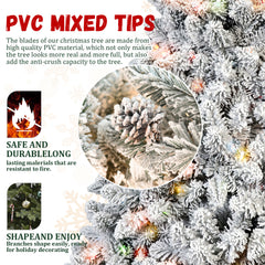 7FT Flocked Christmas Tree with 500 Colorful UL Lights and 45 Natural Pine Cones – 1124 Snowy PVC Tips, Hinged Branches, Stable Metal Stand, Easy Setup