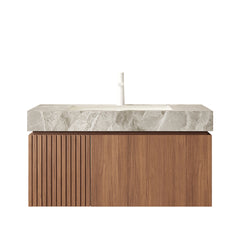 MURI 36" Bathroom Vanity&Sink, Floating Plywood Storage Cabinet with Drawer&Door, Light Gray Sintered Stone Top&Ceramic Basin with 1 Pre-drilled Faucet Hole, Pre-assembled, Brown Oak Woodgrain Color