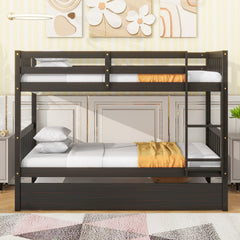 Twin Over Twin Rubber Wood Bunk Bed with Trundle, Convertible into Twin Size Beds, Twin Size Bunk Bed with Ladder and Safety Guardrails,Espresso
