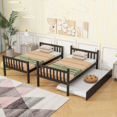 Twin Over Twin Rubber Wood Bunk Bed with Trundle, Convertible into Twin Size Beds, Twin Size Bunk Bed with Ladder and Safety Guardrails,Espresso