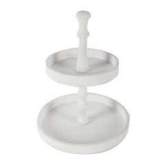 Semy 15 Inch 2 Tier Round Decorative Serving Tray, White Wood Finish