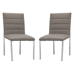 Eun 23 Inch Faux Leather Channel Dining Chair, Chrome Legs, Set of 2, Gray