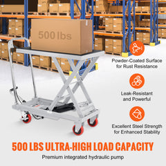 Hydraulic Lift Table Cart, 500lbs Capacity 28.5" Lifting Height, Manual Single Scissor Lift Table with 4 Wheels and Non-slip Pad, Hydraulic Scissor Cart for Material Handling, Gray