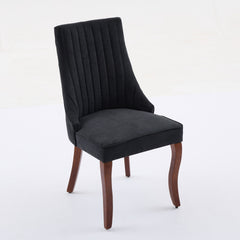 Rayon Cloth Flocking Linen Dining Chairs Channel Kitchen Dinner Chair Comfy Fabric Upholstered Accent Chair for Dining Room with Curved Solid Wood Legs,Set of 2 (Black), SW1847BK