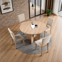 Contemporary Style 5pc Dining Set Kitchen Natural Color Round Table Pedestal Base Fabric Chairs Table 4x Side Chairs Dining Room
